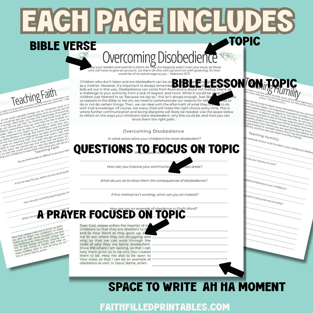Sheet of paper with Bible verse, topic, and prayer focused on overcoming disobedience, with text and arrows pointing to different sections.