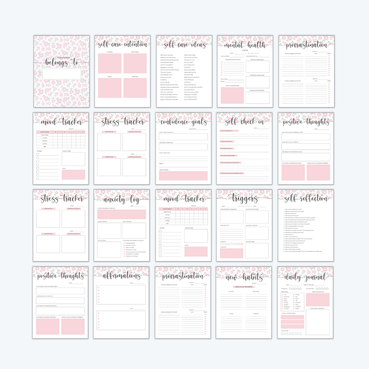 Self Care Planner with Pretty Pink Daisies