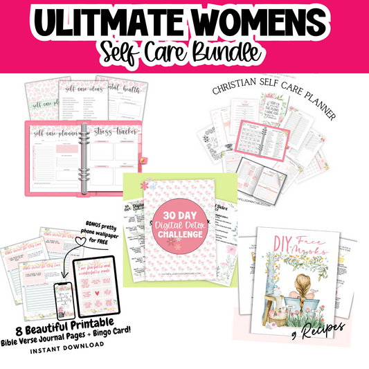 A promotional image showcasing a variety of self-care bundles for women, including planners, trackers, bingo cards, and other printable resources with a Christian theme.