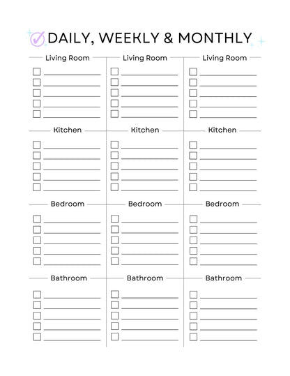 Checklist template for daily, weekly, and monthly cleaning tasks in different rooms.