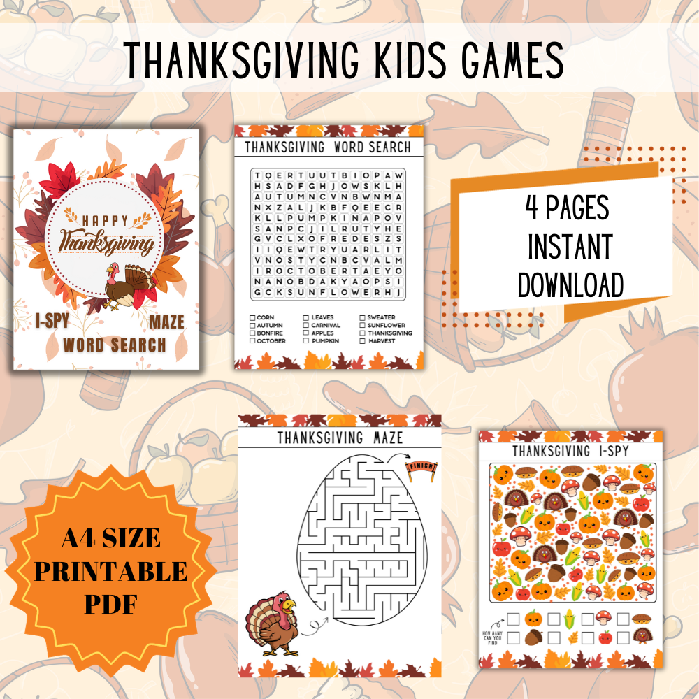 Thanksgiving kids games, maze, word search, I spy