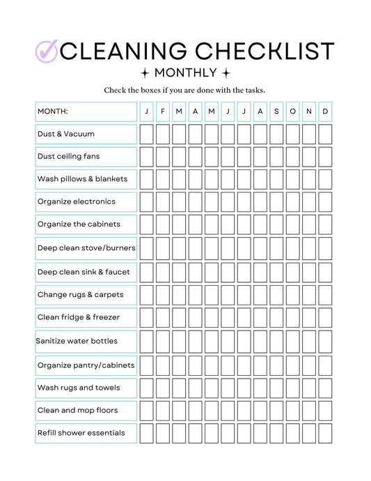 Monthly cleaning checklist with tasks and checkboxes for each month.