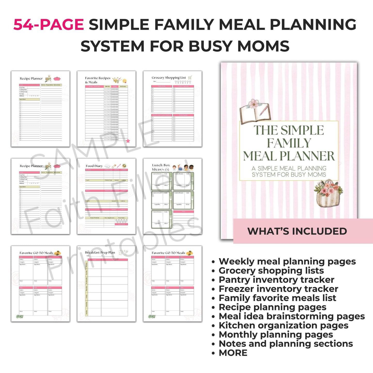 Simple Family Meal Planning System for Busy Moms | 54-Page Printable Meal Planner Faith Filled Printables
