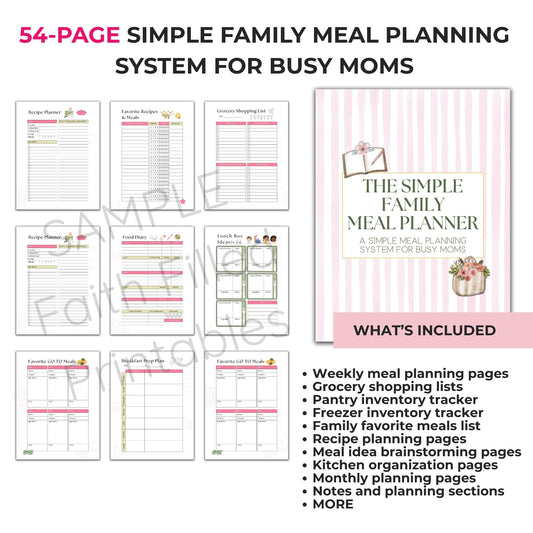 Simple Family Meal Planning System for Busy Moms | 54-Page Printable Meal Planner Faith Filled Printables