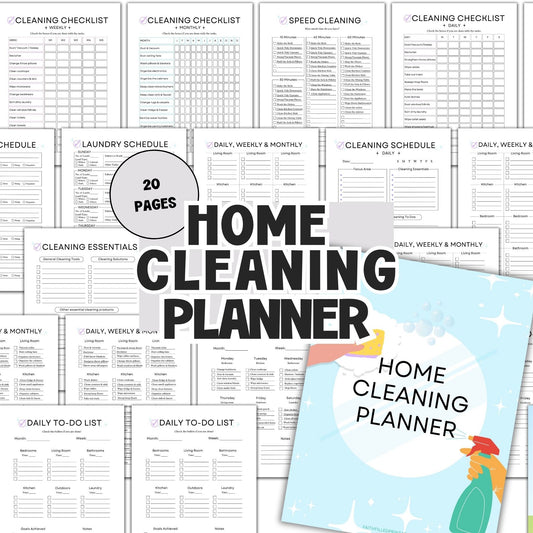 Home cleaning planner with various checklists and a cover page on a white background 20 pages