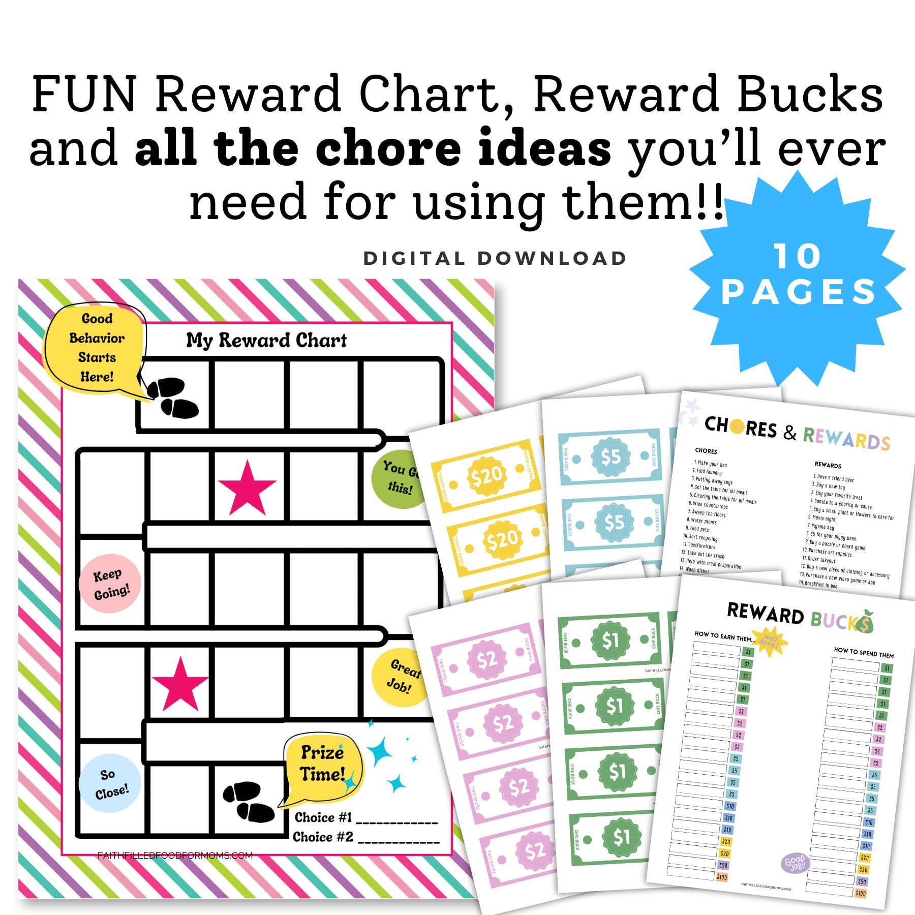 Ruffle Rewards Example Colorful Reward Incentive Chart and Reward Bucks – Faith Filled Printables