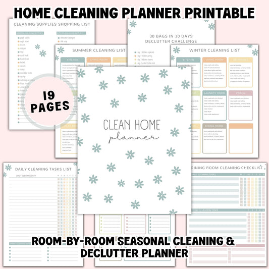 Home cleaning planner printable with various cleaning lists and checklists on a white background.