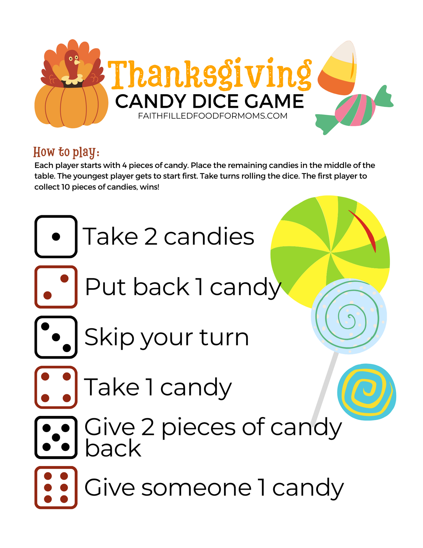 Thanksgiving Candy Dice Game