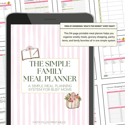 Simple Family Meal Planning System for Busy Moms | 54-Page Printable Meal Planner Faith Filled Printables