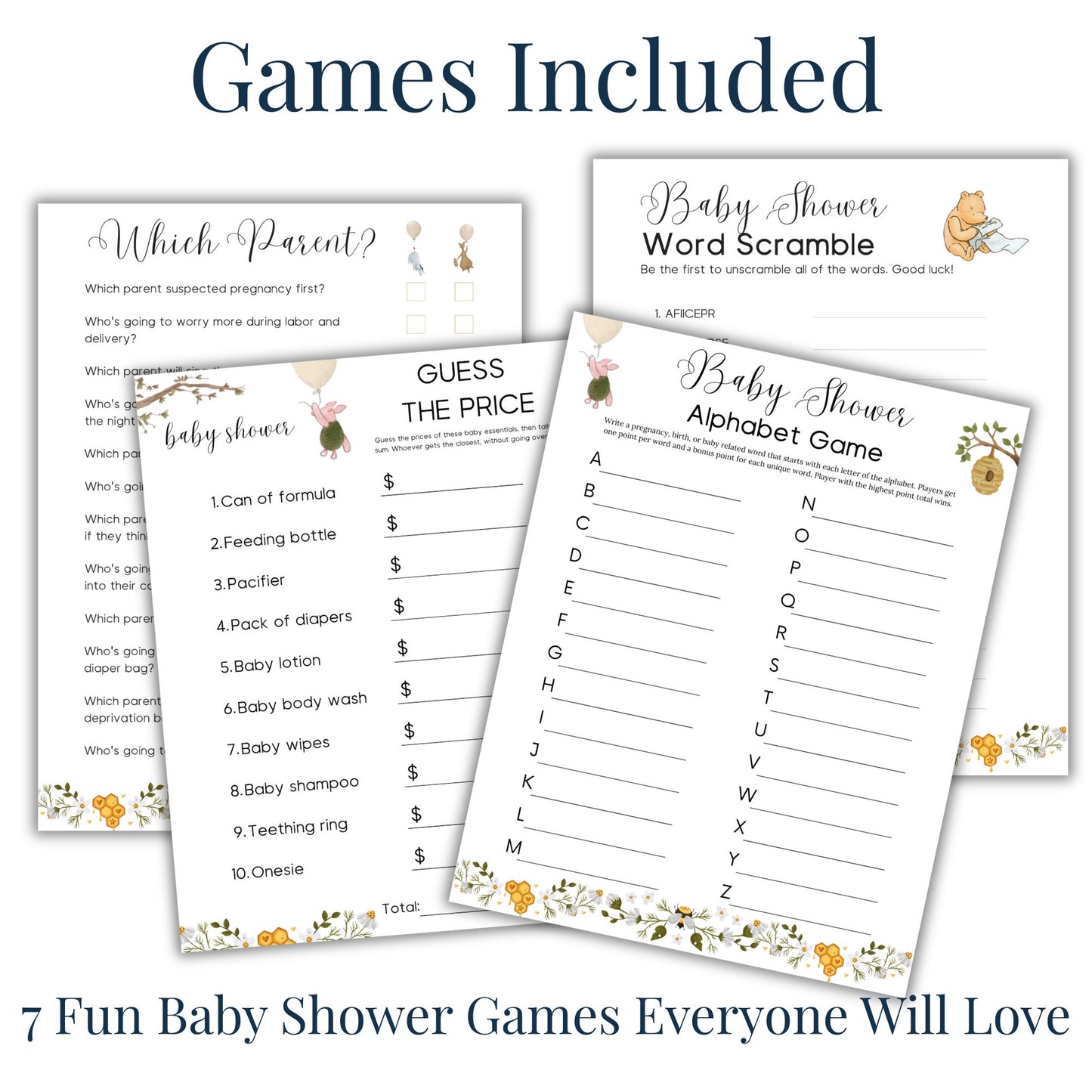Winnie the Pooh Baby Shower Games & Decor Printable Bundle (66 Pages) Faith Filled Printables