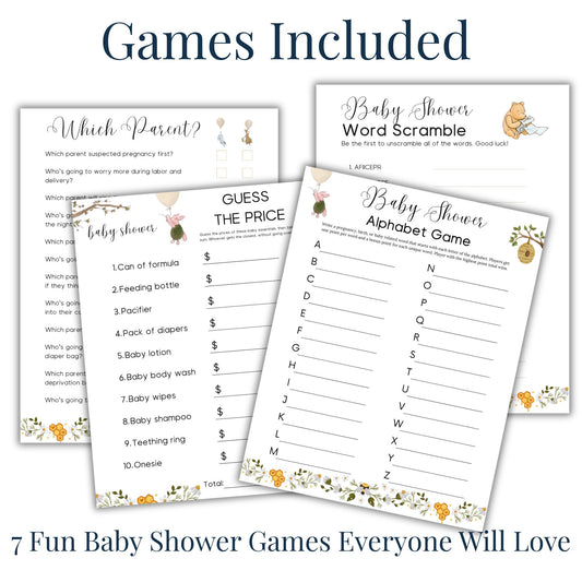 Winnie the Pooh Baby Shower Games & Decor Printable Bundle (66 Pages) Faith Filled Printables