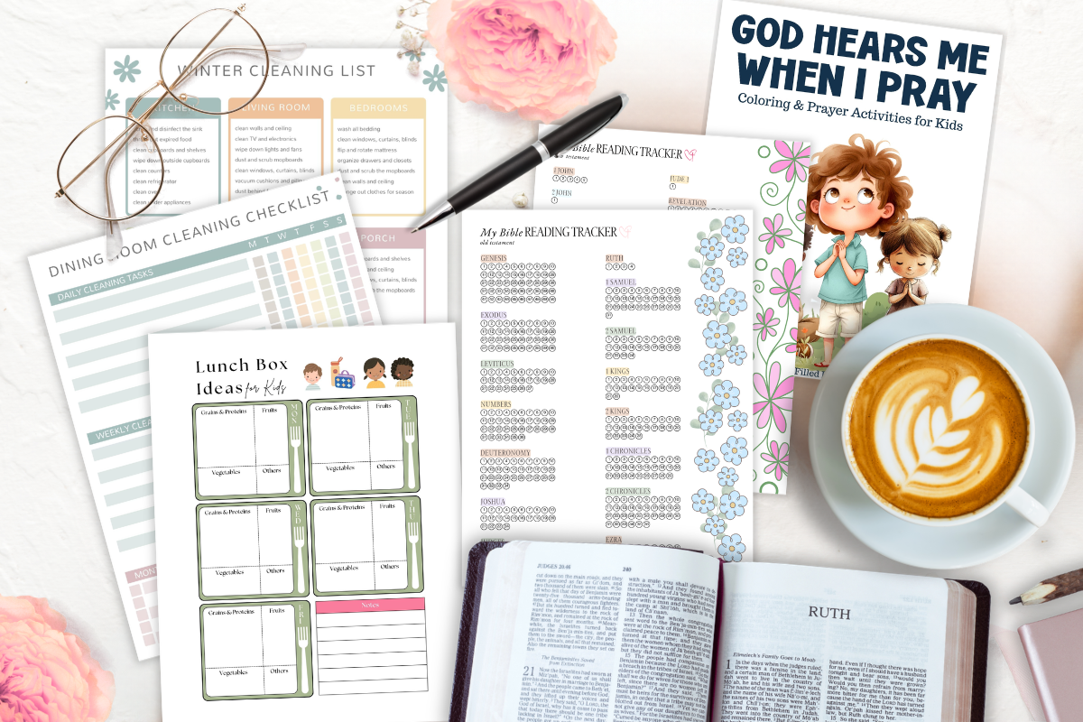 Christian printables for Bible reading, kids’ prayer, meal planning, and home organization