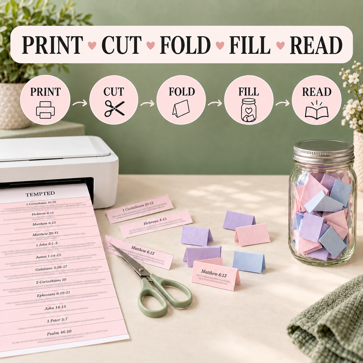 How to make a Scripture Jar by printing, cutting, folding and filling a jar with Bible verses