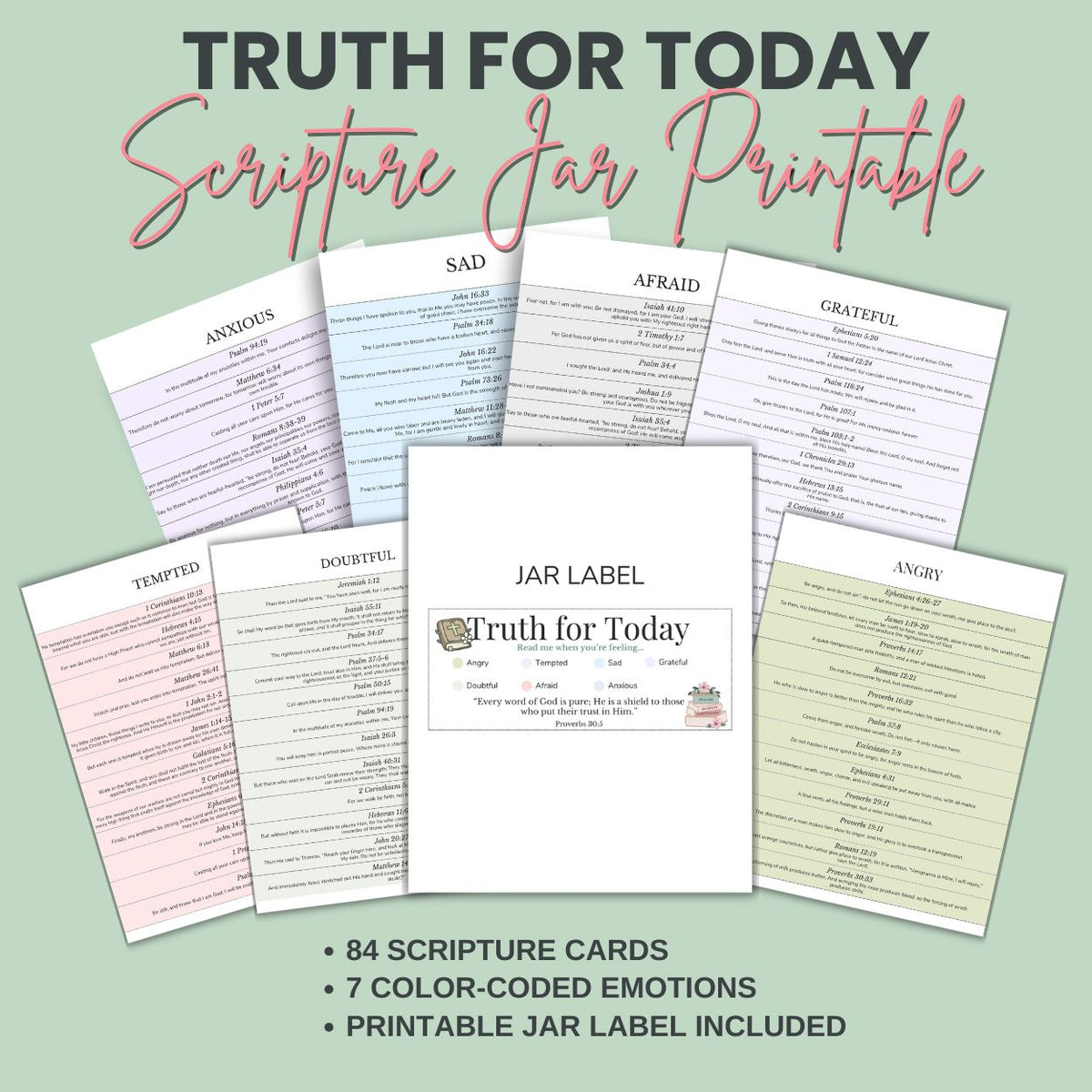 Truth for Today printable Scripture Jar label with seven color-coded emotions