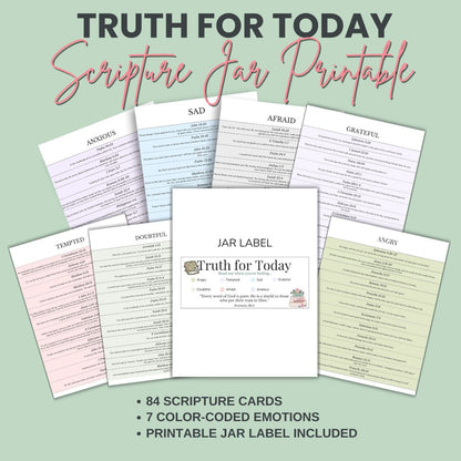 Truth for Today printable Scripture Jar label with seven color-coded emotions