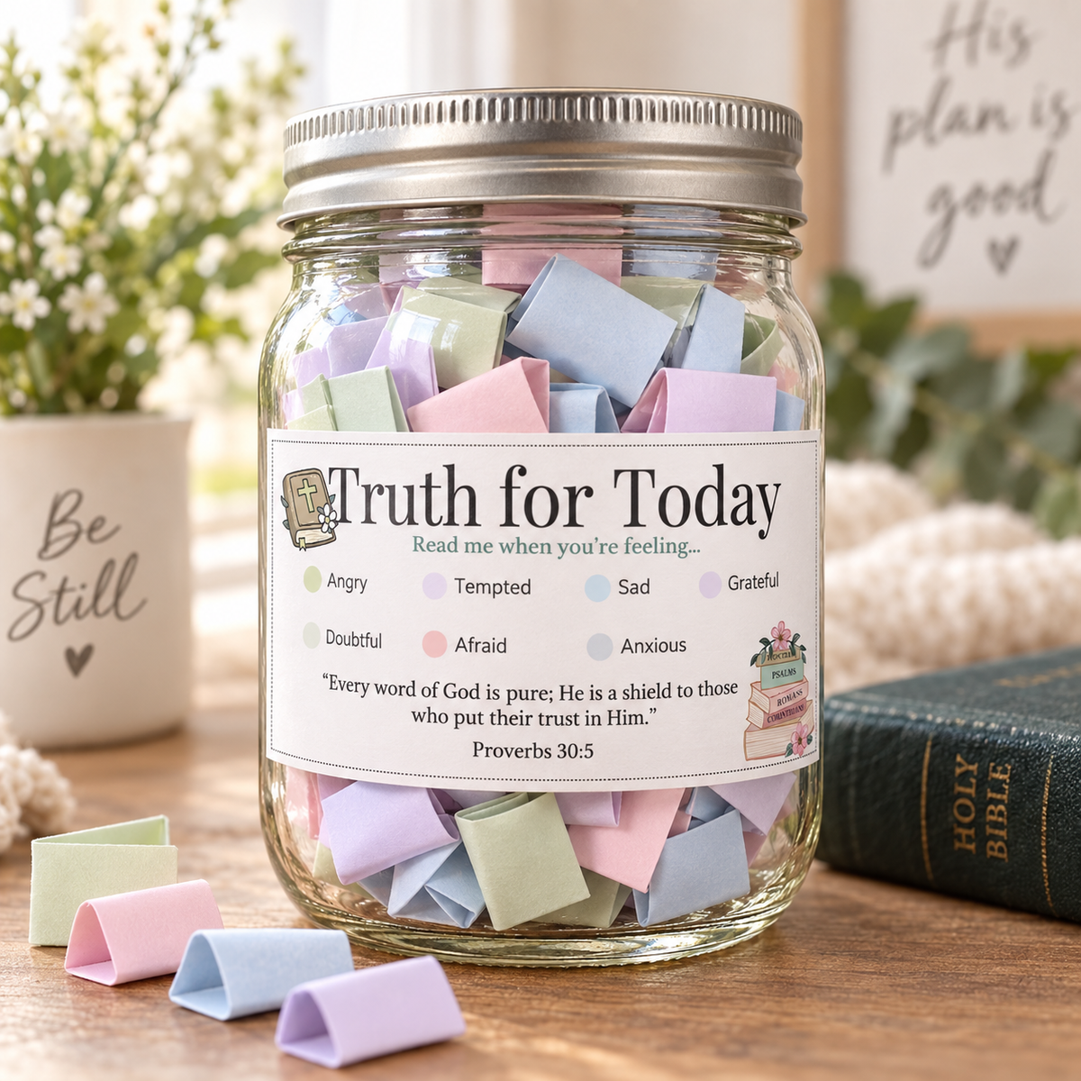 Truth for Today Scripture Jar filled with color-coded printable Bible verse cards